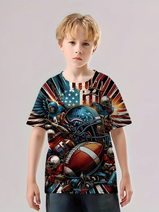 Football 3D Print Boy's Tee Short Sleeve Crew Neck Comfy Sports T-shirt