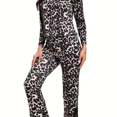 Leopard Print Lounge Set Lace Trim V Neck Top & Pants Women's Loungewear