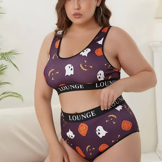  Halloween Underwear Set Women's Plus Ghost & Pumpkin Print