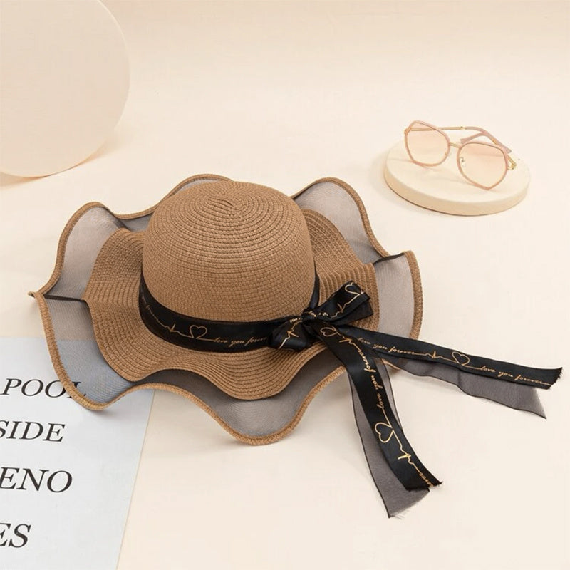 Love Streamer Mesh Gauze Brim Straw Hat Women Beach Sun Hat Valentine