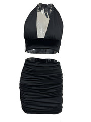 Solid Matching Two piece Skirt Set Crop Halter Top & Ruched Skirt