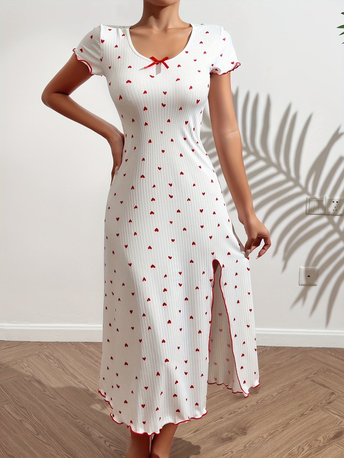 Heart Print NightDress Short Sleeve Split Pajama Dress