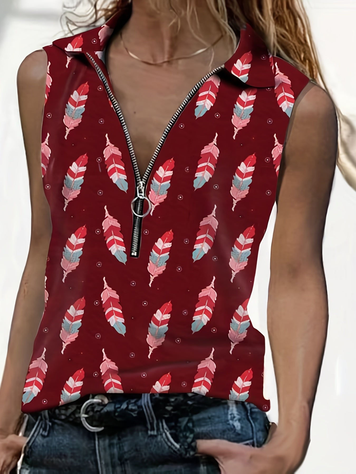 Feather Print Zipper Tank Top Women's Sleeveless Summer Casual Tank Top