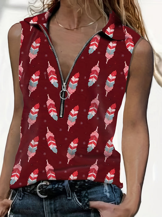 Feather Print Zipper Tank Top Women's Sleeveless Summer Casual Tank Top