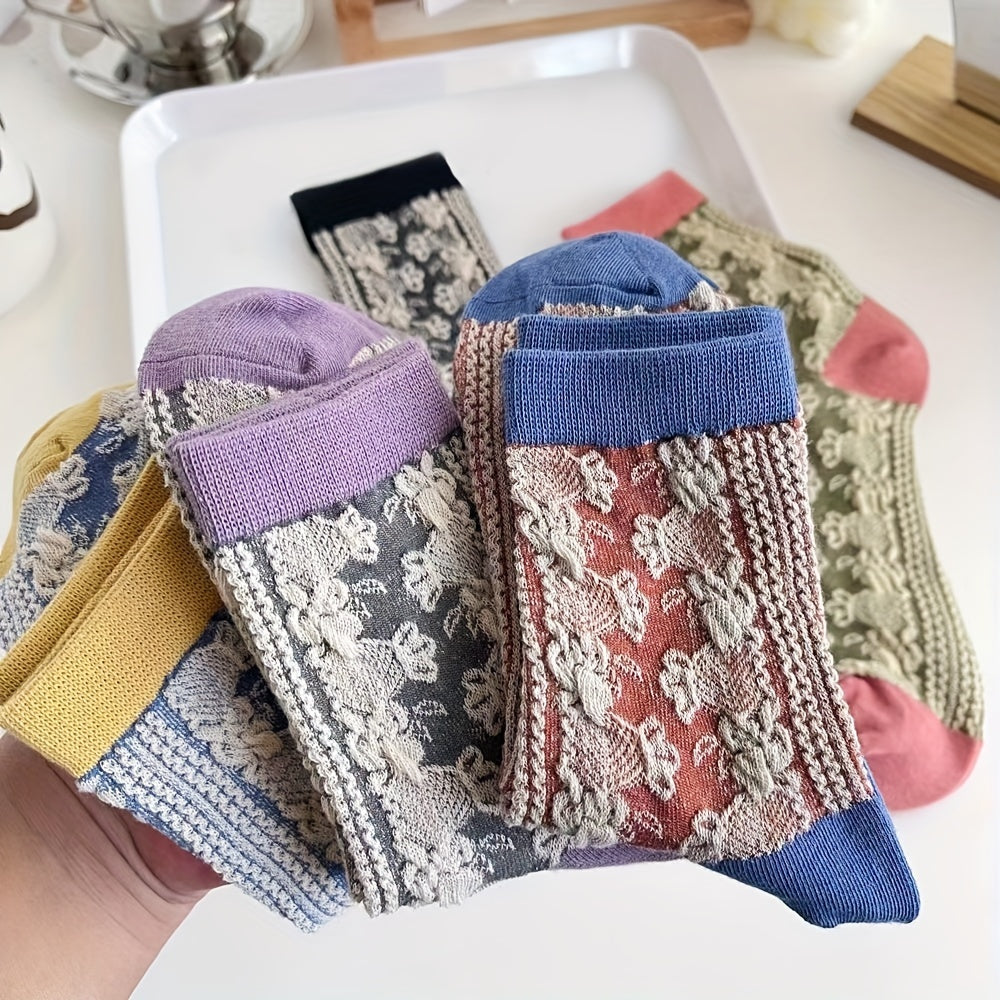 5 Pairs Floral Print Socks Retro Style Colorblock Stockings