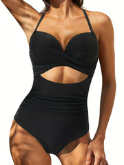 Ruched Halter Swimsuit V Neck Cross Back One Piece Bathing Suit