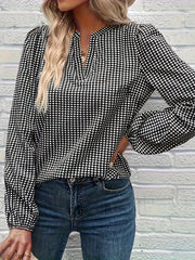  Plaid Print Lantern Sleeve V Neck Shirt Top