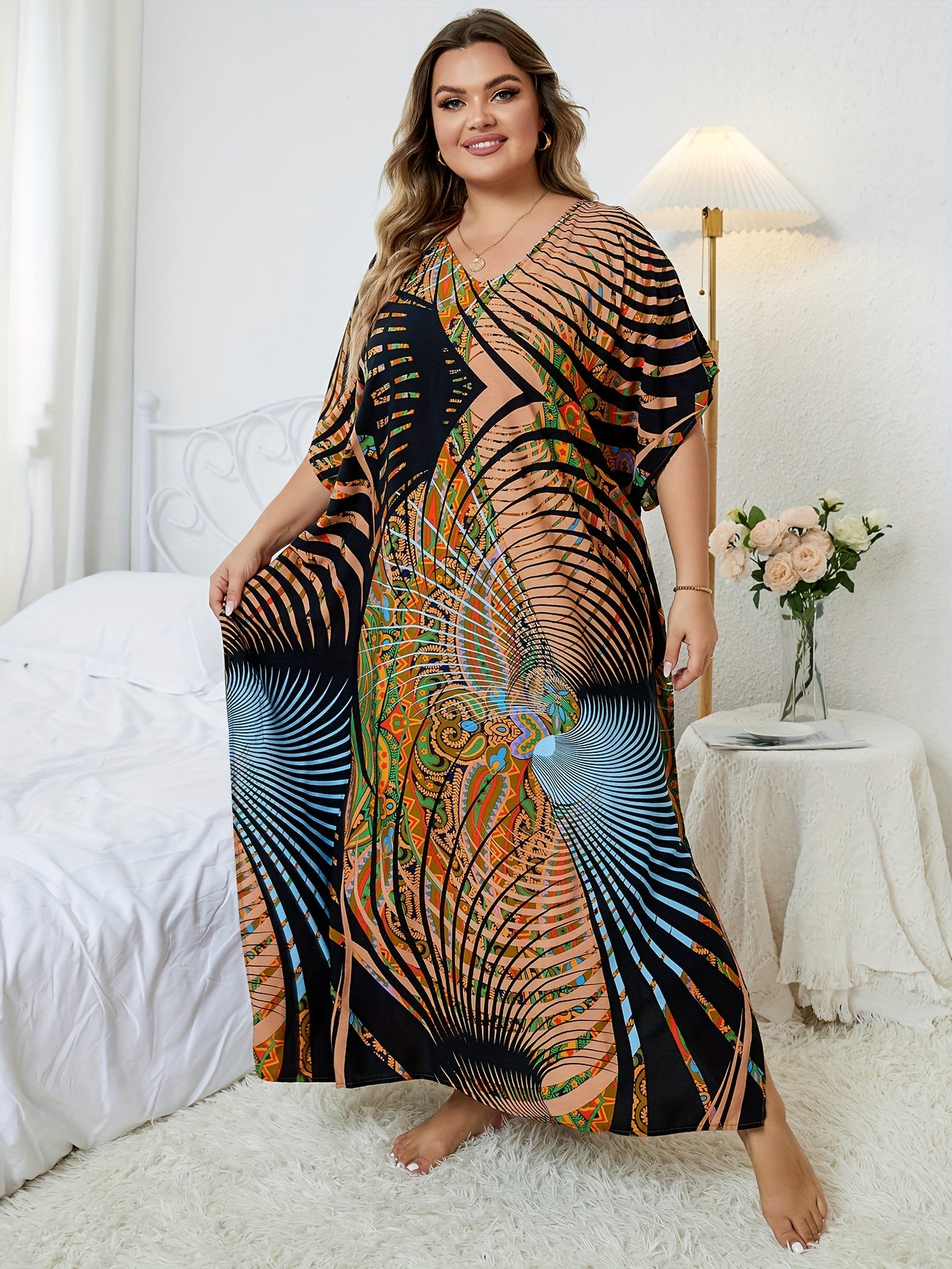 Boho Plus Size Cover Up Graphic Print V Neck Maxi Beach Dress