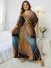 Boho Plus Size Cover Up Graphic Print V Neck Maxi Beach Dress