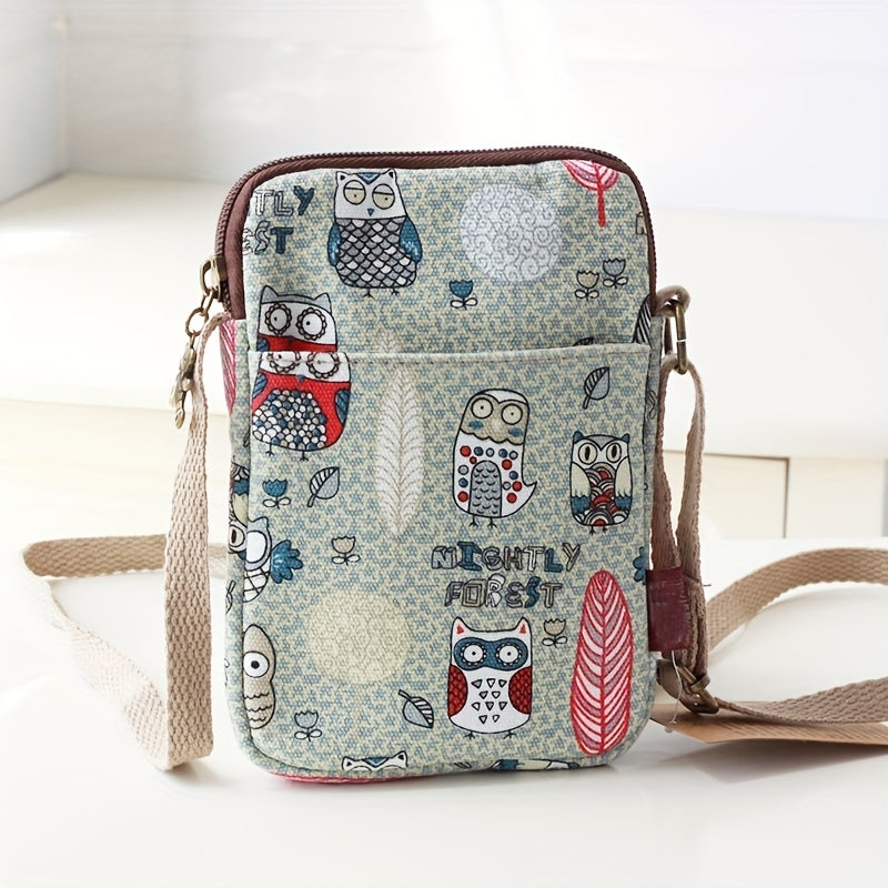 Cartoon Animal Print Phone Bag Lightweight Portable Canvas Crossbody Bag