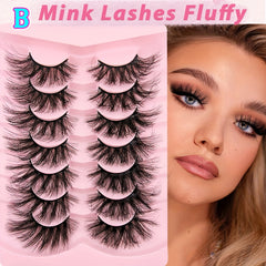 7 Pairs Fluffy Volumized Faux Mink Eyelashes - Cat Eye Look, 17mm