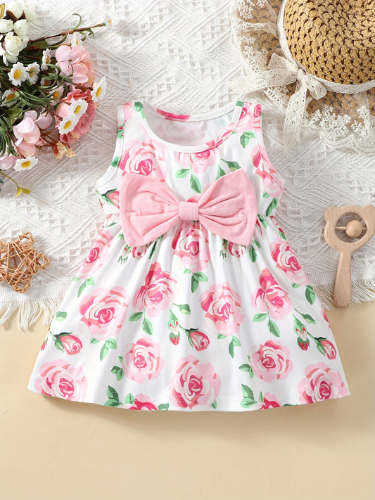 Baby Girls Casual Rose Print Sleeveless Dress Summer
