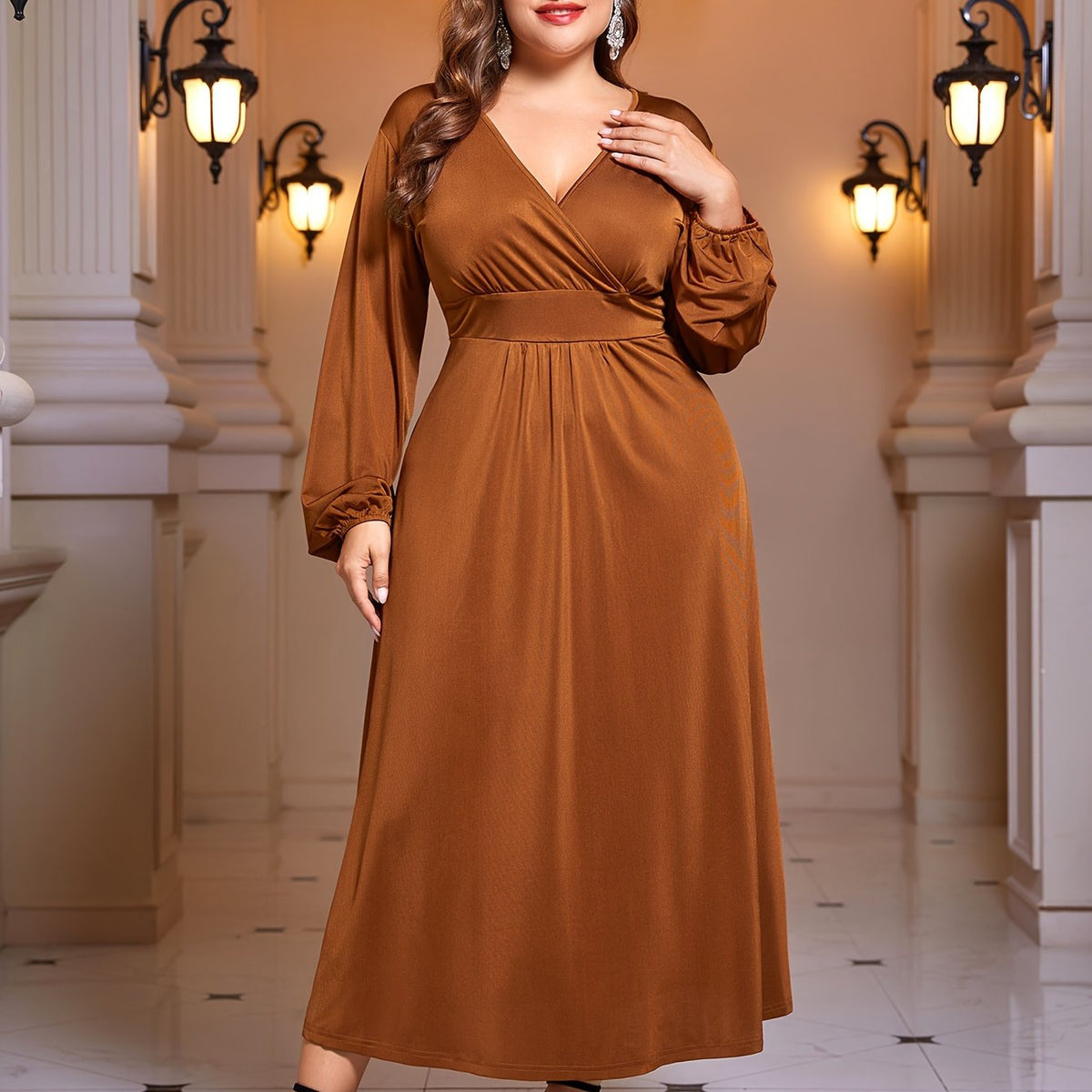 Solid Lantern Sleeve Surplice Neck Maxi Dress