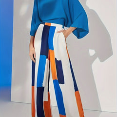  Solid Batwing Sleeve Top & Geo Print Wide Leg Pants Set