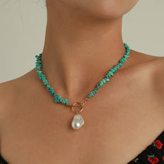 Vintage Pearl Pendant Turquoise Beaded Boho Ethnic Style Necklace