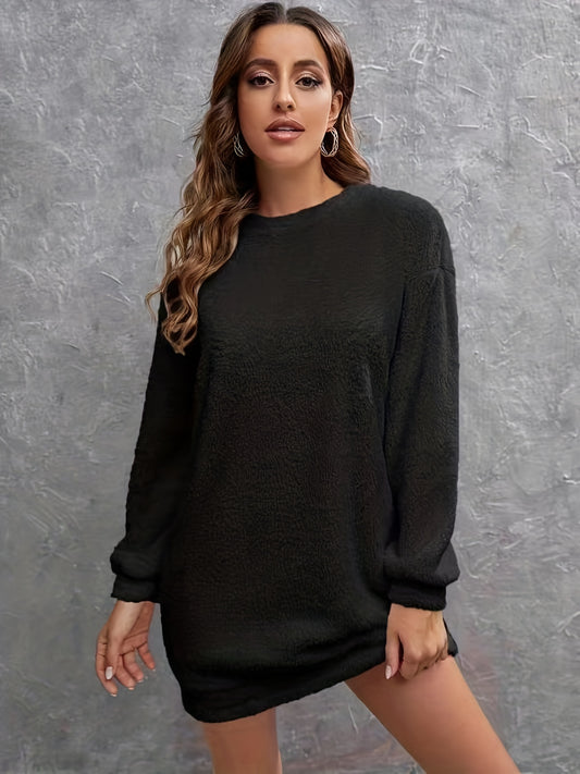 Plush Pullover Sweatshirt Dress Long Sleeve Crew Neck