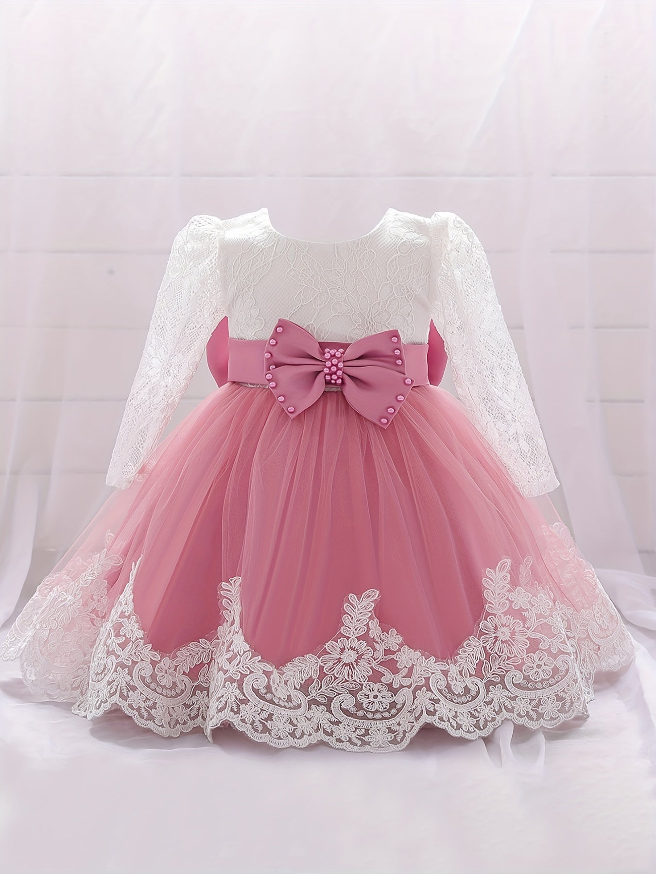 Girls Lace Long Sleeve Puffy Princess Dress With Bow
