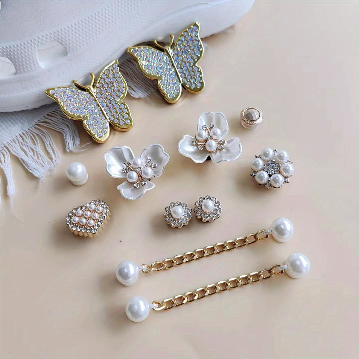 12pcs Golden Shoe Decorative Accessories Set with Rhinestone Diamond Pearl Chain