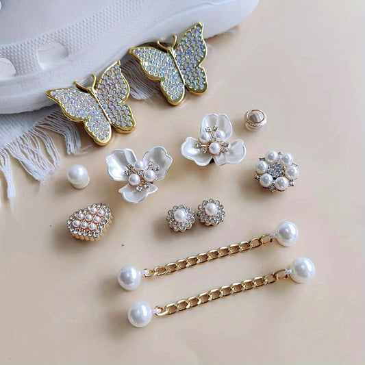 12pcs Golden Shoe Decorative Accessories Set with Rhinestone Diamond Pearl Chain