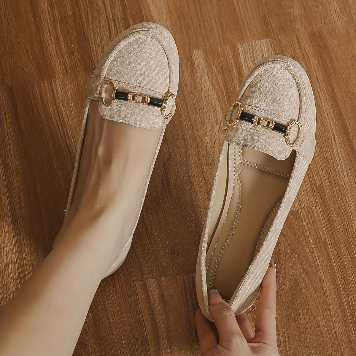 Metal Buckle Slip On Flat Loafers Casual Moccasin Shoes