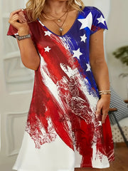  Independence Casual Dress Women's Plus Flag Print Short Sleeve V Neck