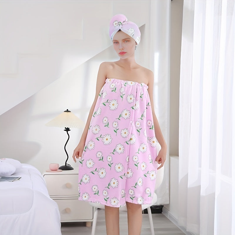2pcs Coral Velvet Bath Wrap Towel & Hair Cap