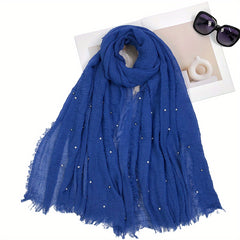 Solid Raw Trim Rushed Scarf Faux Pearl Decor Shawl Wrap