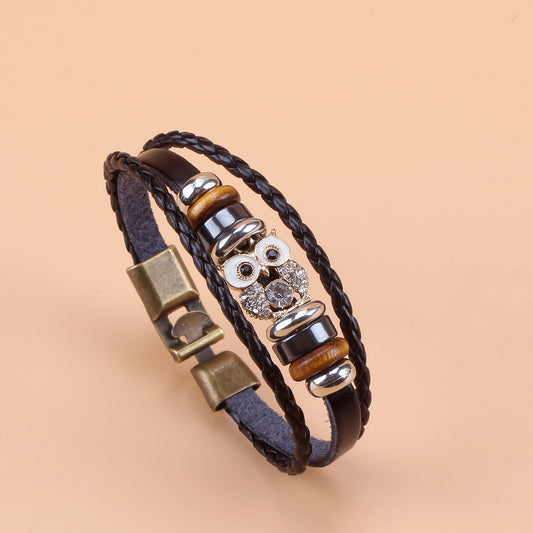 Vintage Owl PU Leather Bracelet with Zircon
