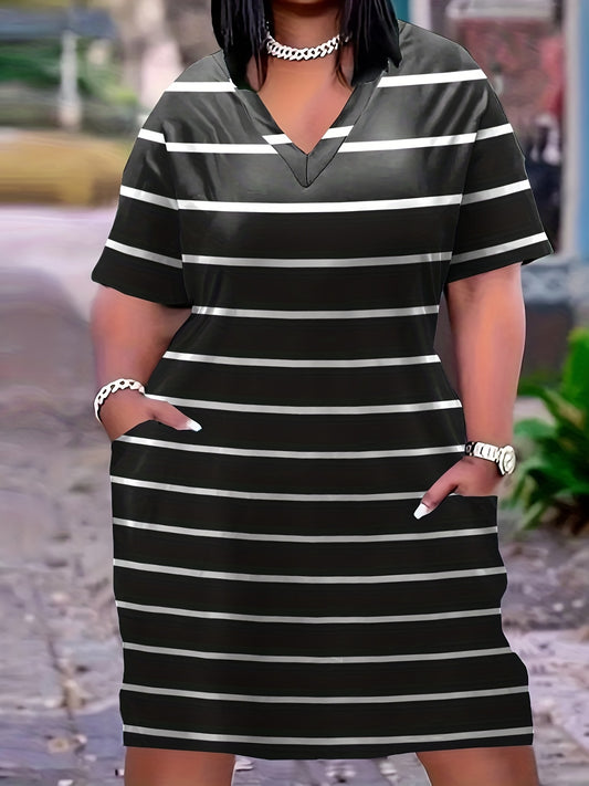  Stripe Print V Neck Dress With Pockets