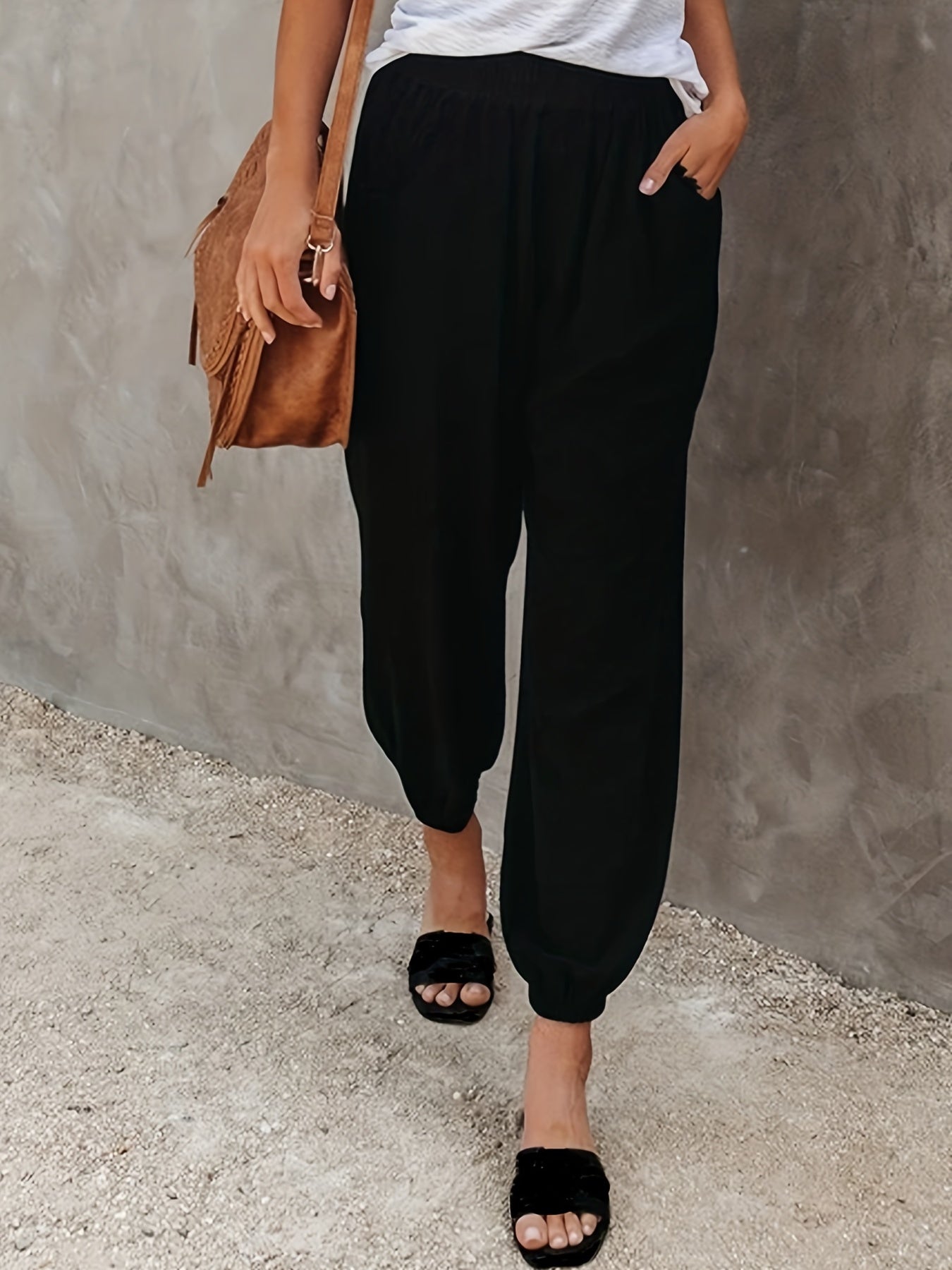 Ruched Pants Elastic High Waist Cropped Pants With Pockets