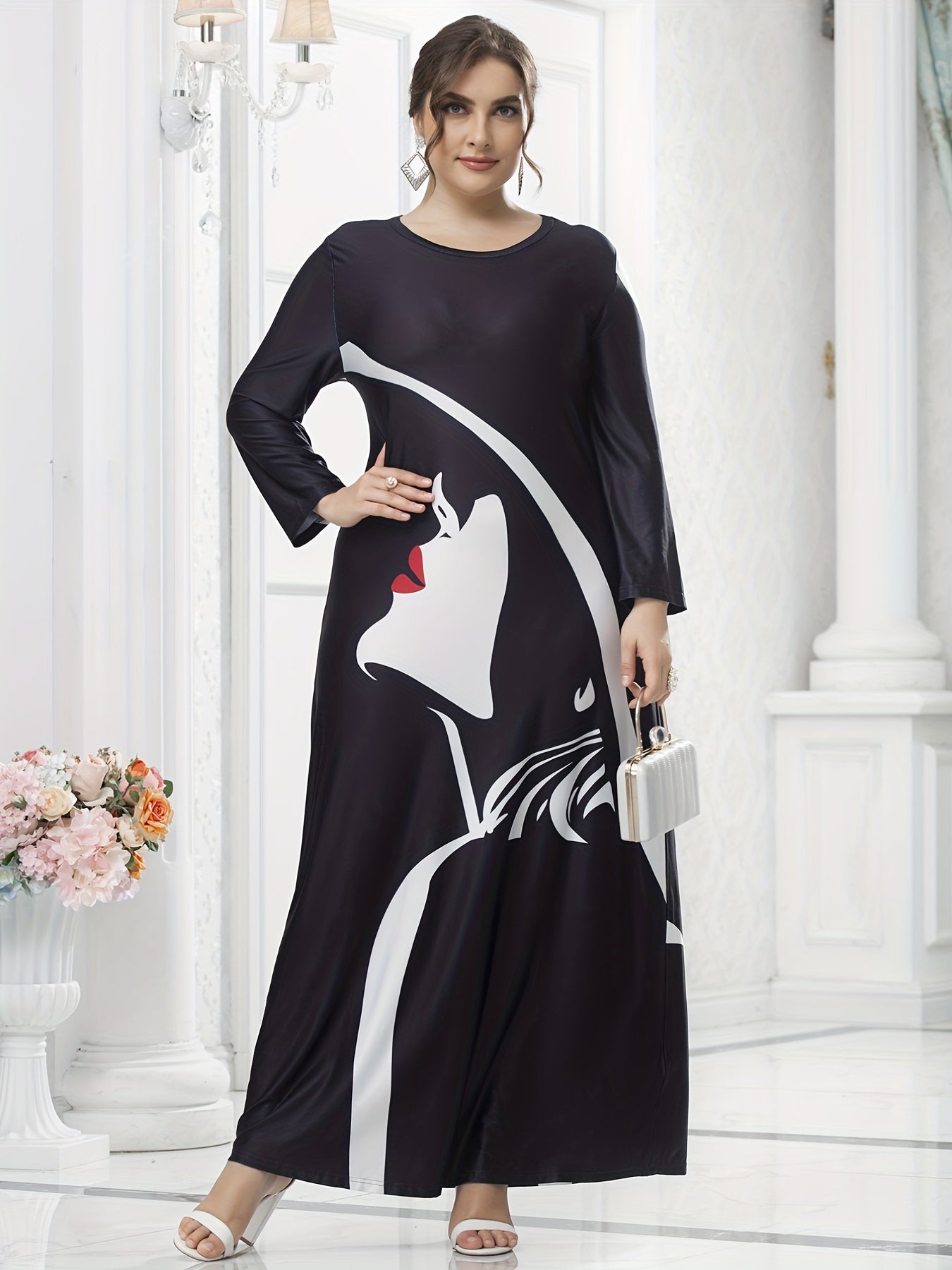 Women's Plus Colorblock Figure Print Long Sleeve Maxi Dress