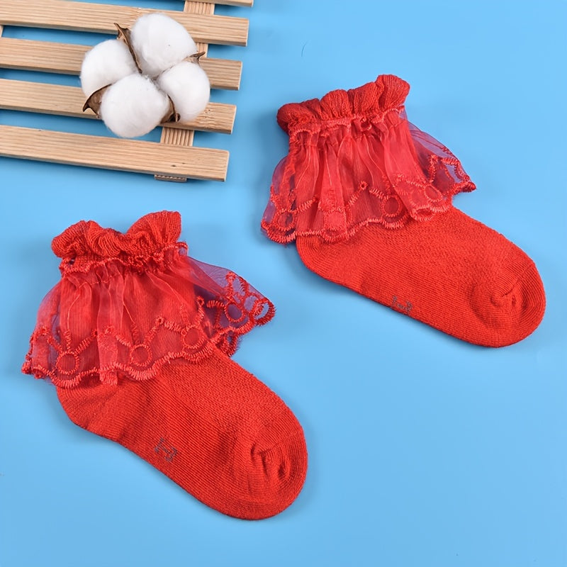 6 Pairs Girls Lace Ruffled Knit Crew Socks for Autumn and Spring