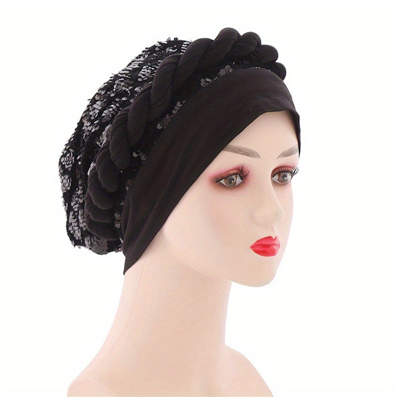 Sequin Turban Cap Head Wrap Solid Ramadan Head Scarf