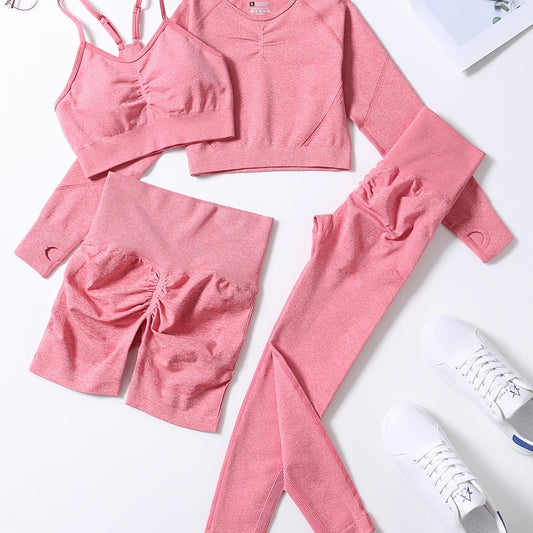 4 Pc Ribbed Seamless Crop Tank High Waist Yoga Leggings Set