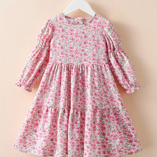 Girls Spring Floral Dress Long Sleeve Swing Flare Dress