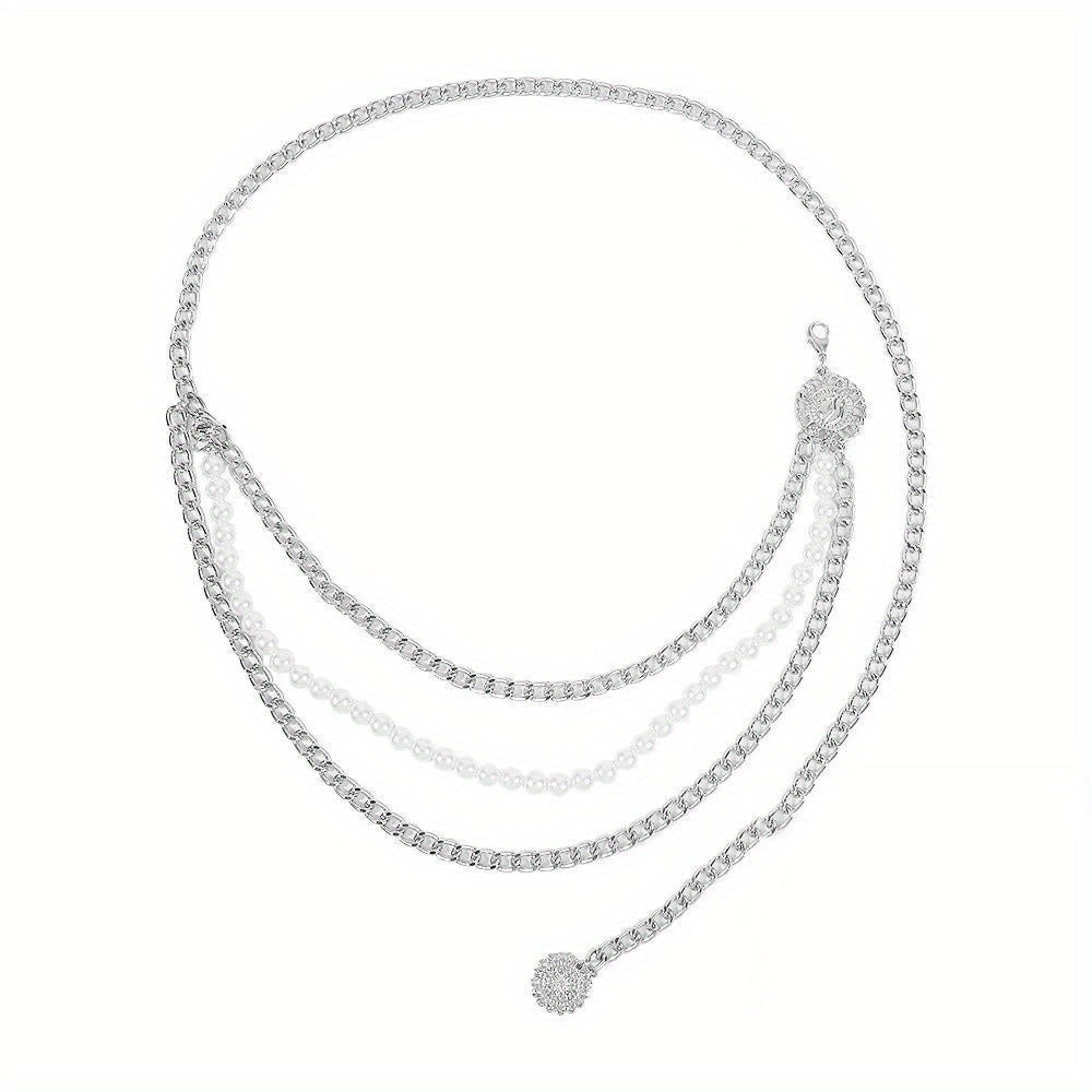 Metal Waist Chain Faux Pearl Dress Chain Pendant Tassel Jewelry