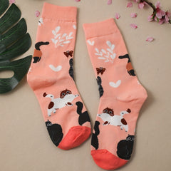Cartoon Cat Print Socks Women's Mid Tube Stockings