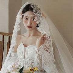 French Vintage Bridal Veil Embroidered Tulle Train