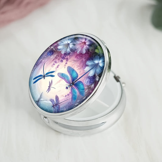 Dragonfly & Floral Round Pill Organizer 3 Compartments Portable Medicine Case