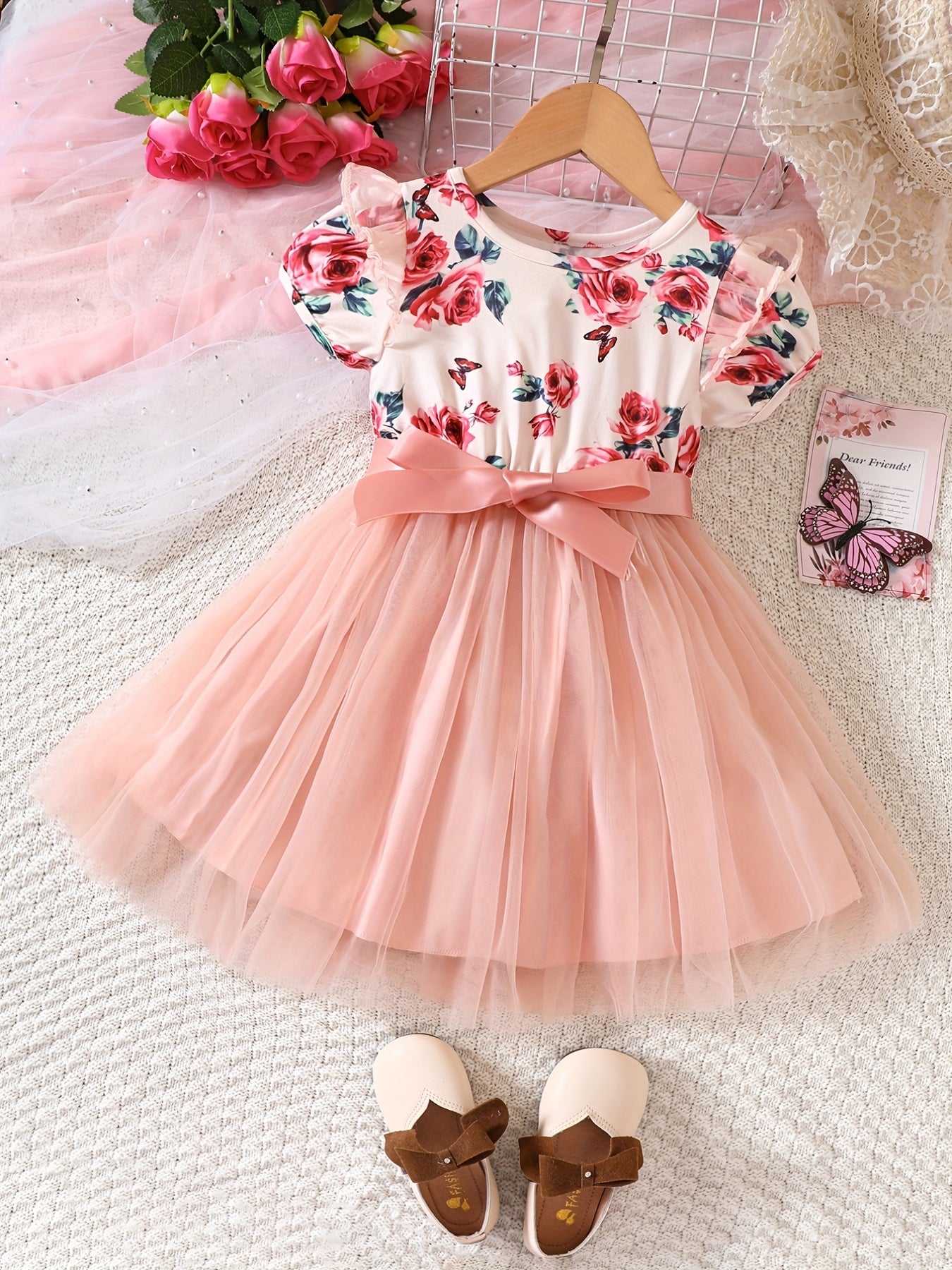 Toddler Girls Flowers Graphic Mesh Princess Dress with Belt