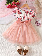 Toddler Girls Flowers Graphic Mesh Princess Dress with Belt