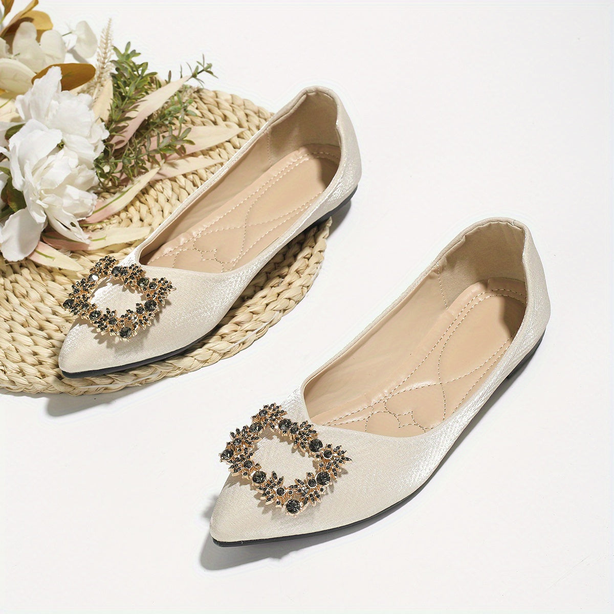 Women's Rhinestone Satin Flats Wedding Ballet Shoes