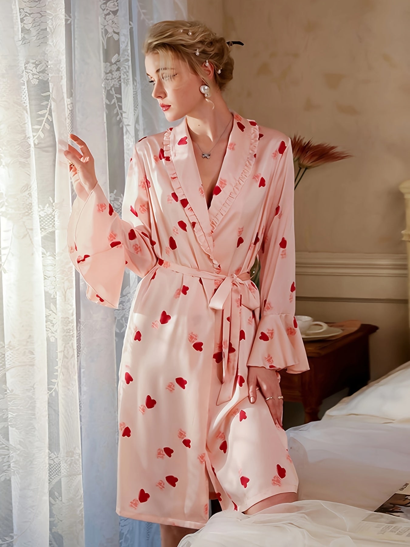 Heart Print Night Robe Ruffle Long Sleeve Lapel Neck Robe