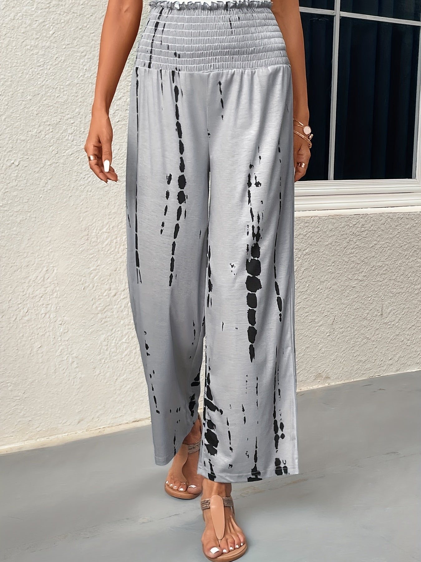  Tie Dye Shirred Waist Wide Leg Trousers