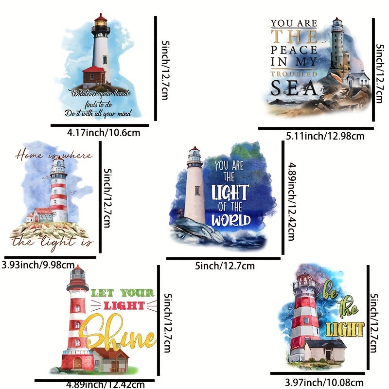 6pcs Lighthouse Theme Iron on Transfer Stickers Decals for DIY Clothing T Shirts