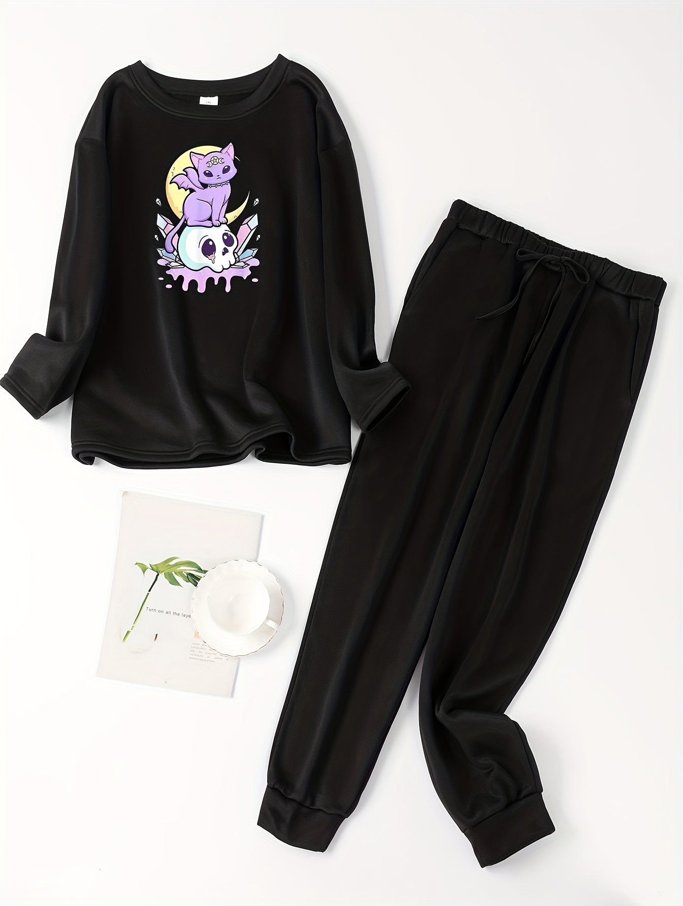  Cat & Skull Print Fleece Lounge Set