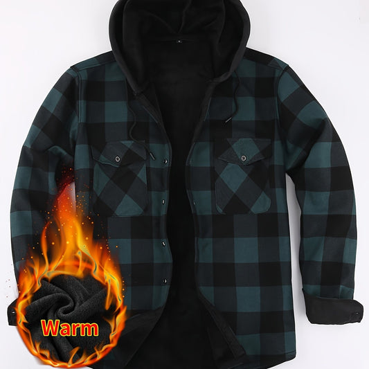 Men's Fleece Plaid Hooded Long Sleeve Shirt Jacket Autumn Winter