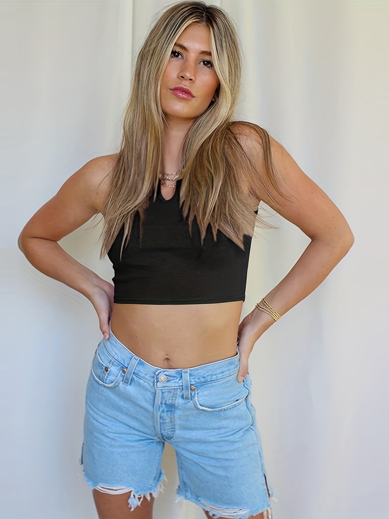 Ribbed Crop Tank V-Neck Sleeveless Top