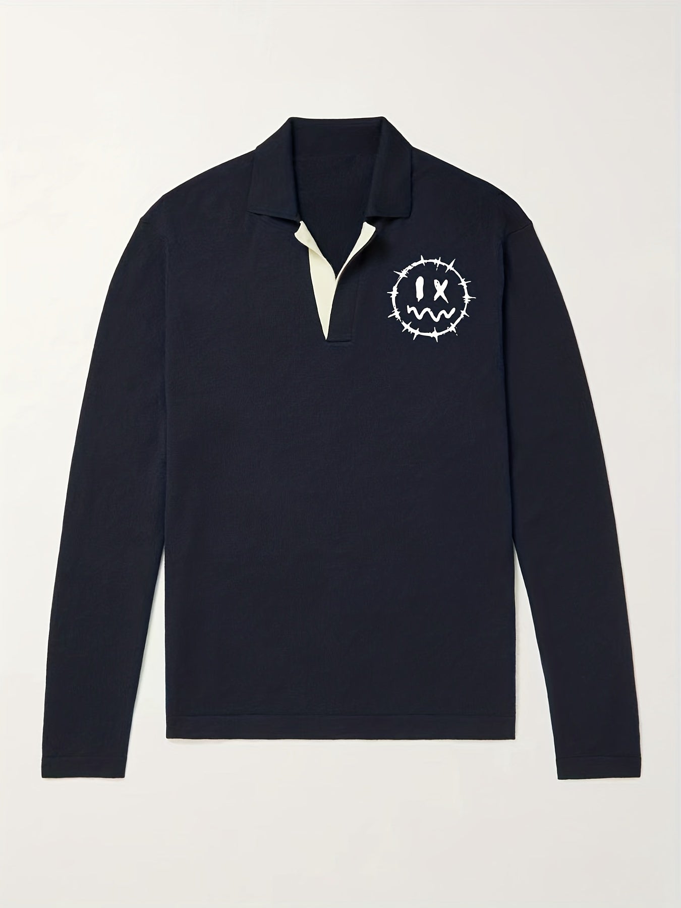 Smile Face Knit Polo Shirt Men's Casual Lapel V Neck Pull