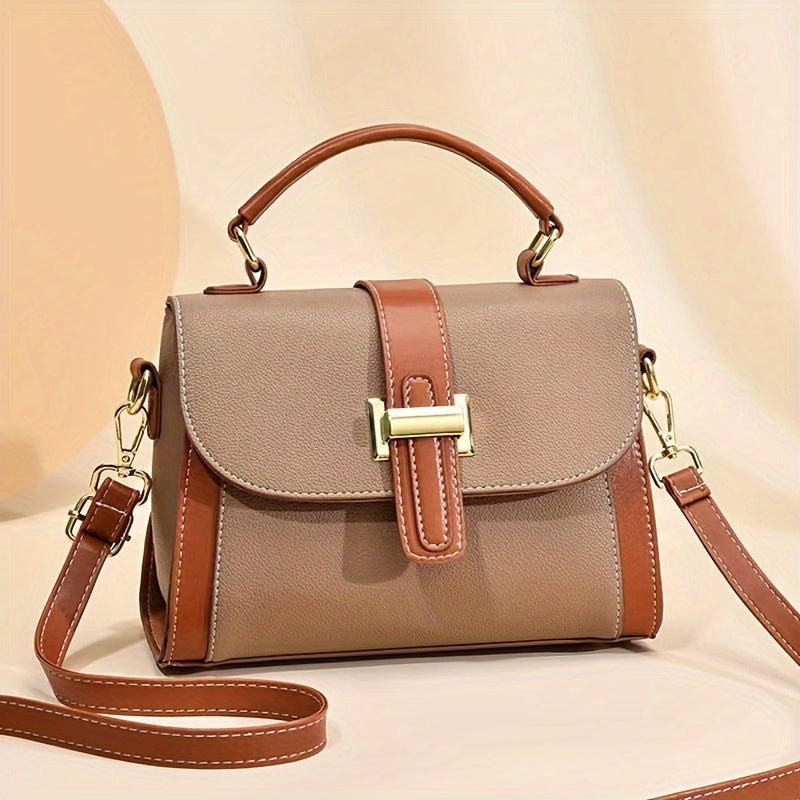 Women's Two Tone Satchel Handbag Shoulder Bag PU Leather Lightweight Crossbody